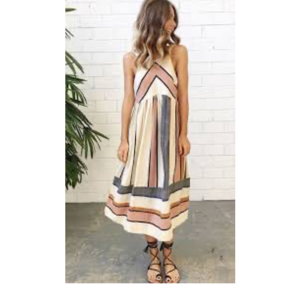 Free People Cream, Pink, Gray & Blue Striped Maxi Dress